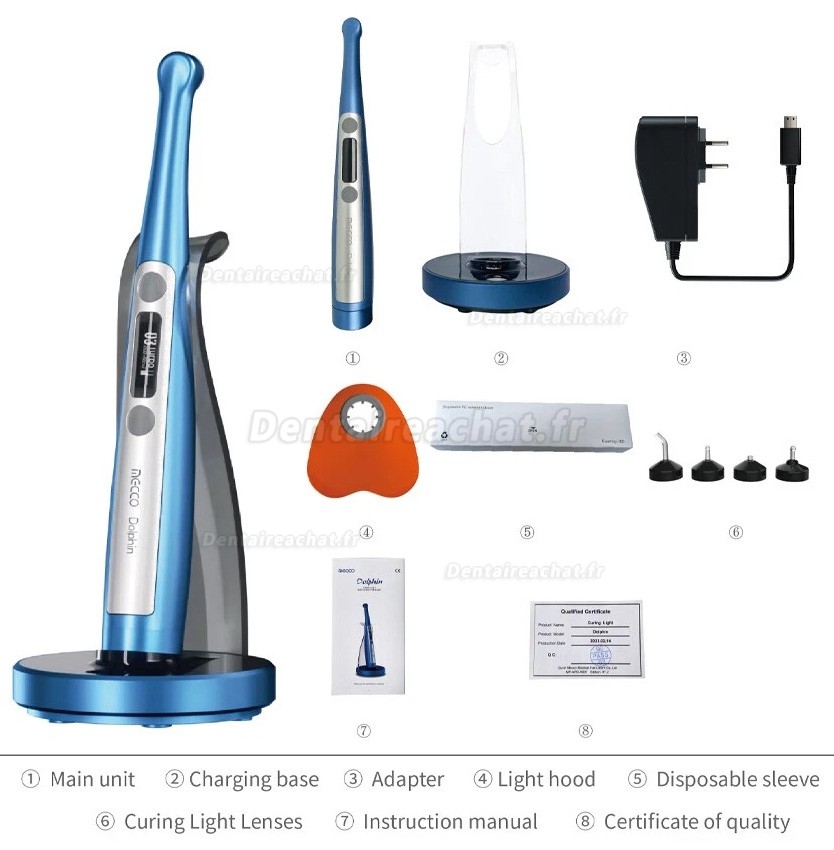 Lampe &agrave; polym&eacute;riser dentaire LED Mecco Dolphin avec radiom&egrave;tre LED int&eacute;gr&eacute; et lentille de micropolym&eacute;risation